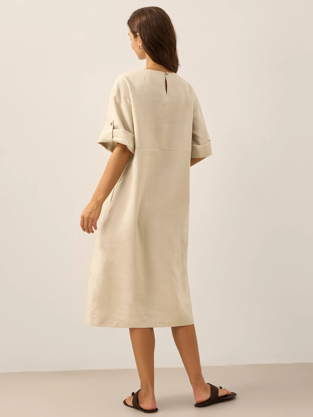 LINTICO 100% Linen Round Neck Button Detail Midi Dress JELENA — lifestyle context
