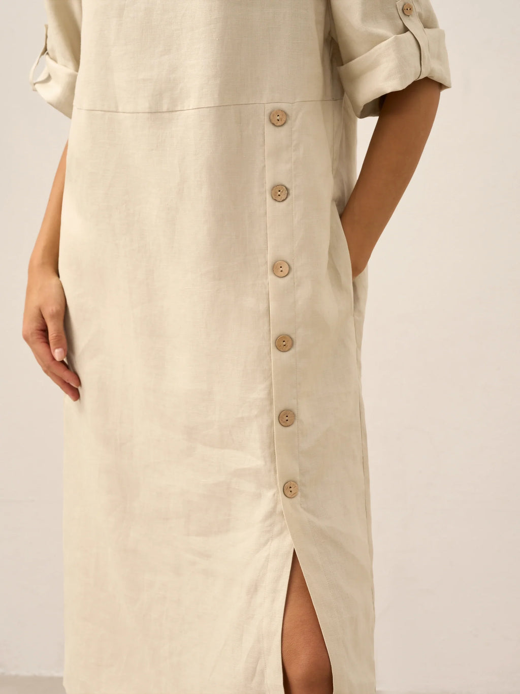 LINTICO 100% Linen Round Neck Button Detail Midi Dress JELENA — in-use photo