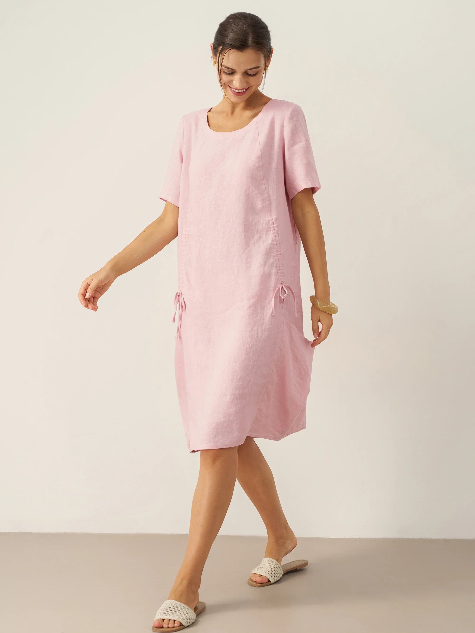 LINTICO 100% Linen Round Neck Patch Pocket Midi Dress XENA — dresses-midi dresses-linen category context