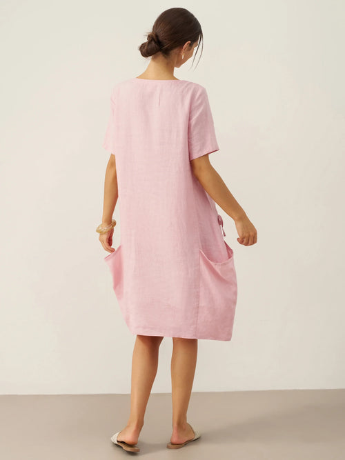 LINTICO 100% Linen Round Neck Patch Pocket Midi Dress XENA — construction detail