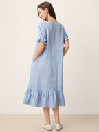 100% Linen Ruffle-Trim Belted Midi Dress LIVARA