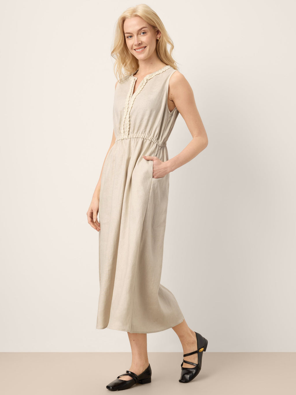 LINTICO 100% Linen Ruffle Trim Elasticated Waist Sleeveless Midi Dress LUCINDA — LINTICO branding close-up