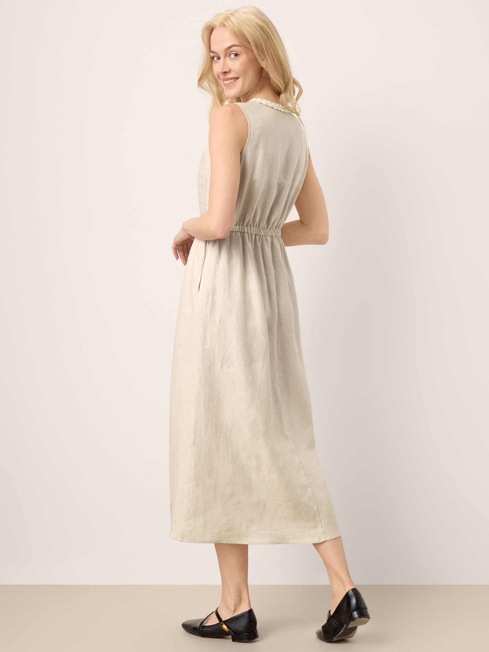 LINTICO 100% Linen Ruffle Trim Elasticated Waist Sleeveless Midi Dress LUCINDA — lifestyle worn / used context