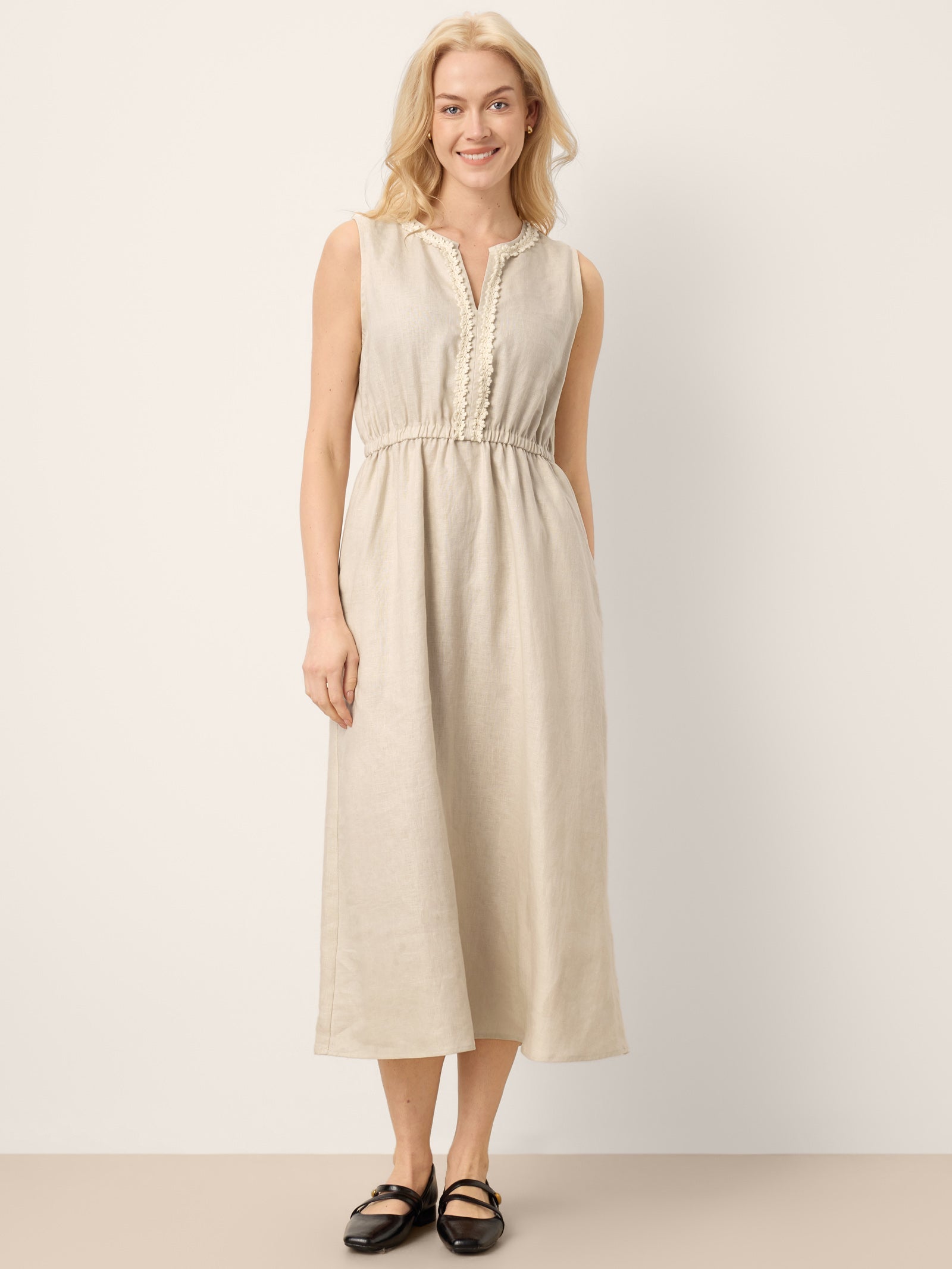 LINTICO 100% Linen Ruffle Trim Elasticated Waist Sleeveless Midi Dress LUCINDA — main product shot