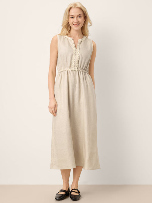 LINTICO 100% Linen Ruffle Trim Elasticated Waist Sleeveless Midi Dress LUCINDA — main product shot