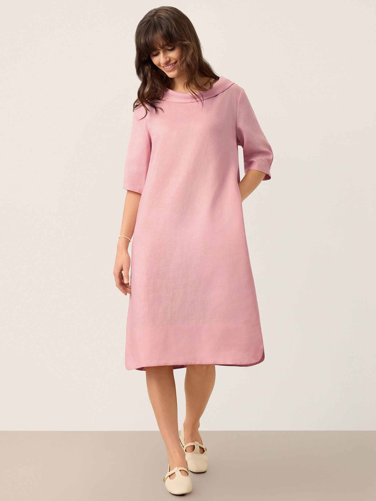 LINTICO 100% Linen Sculpted Bateau Tie-Back Midi Dress SABRINA — lifestyle worn / used context