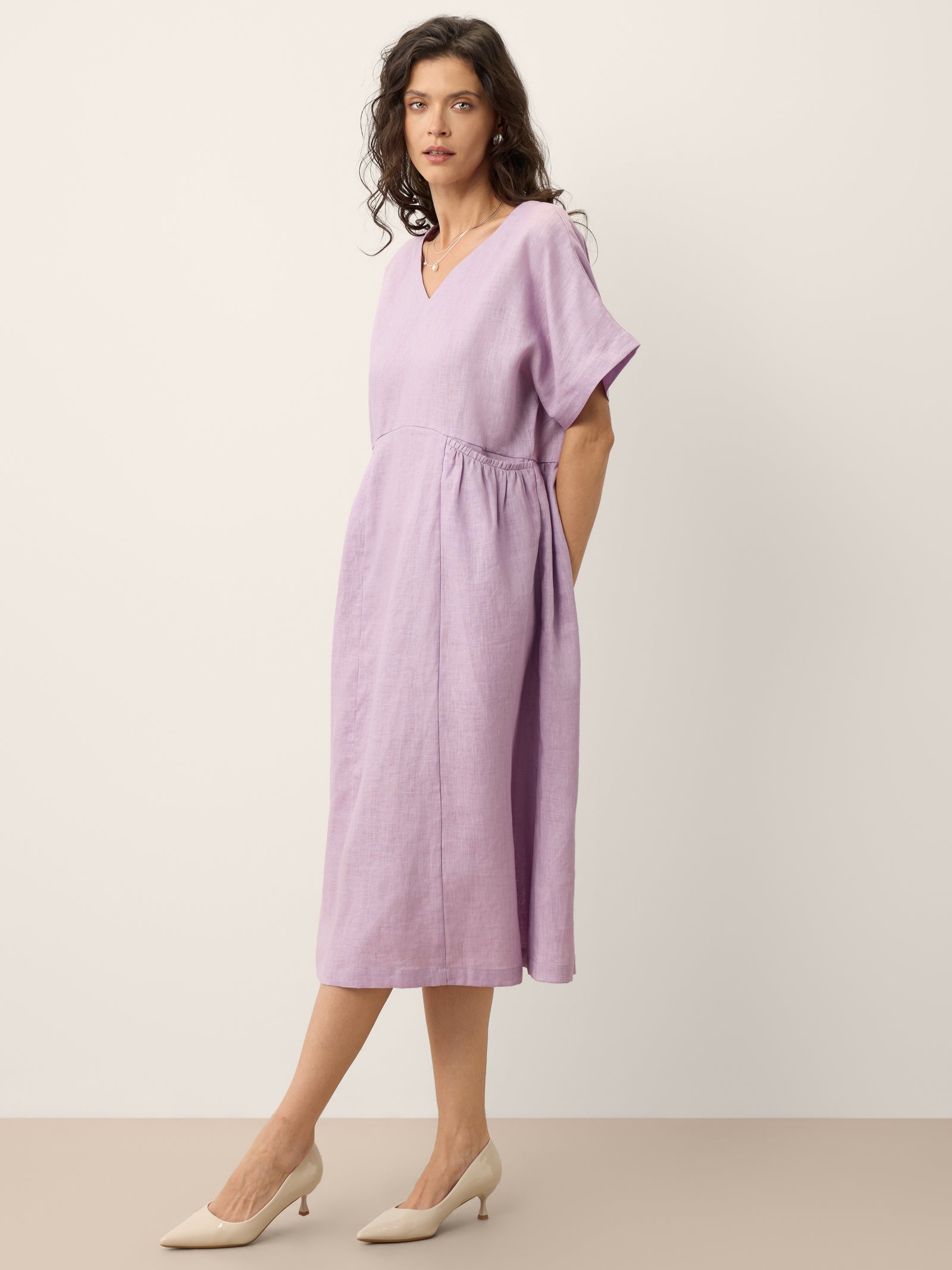 LINTICO 100% Linen Sculpted Waist Batwing Midi Dress TIVIA — side view
