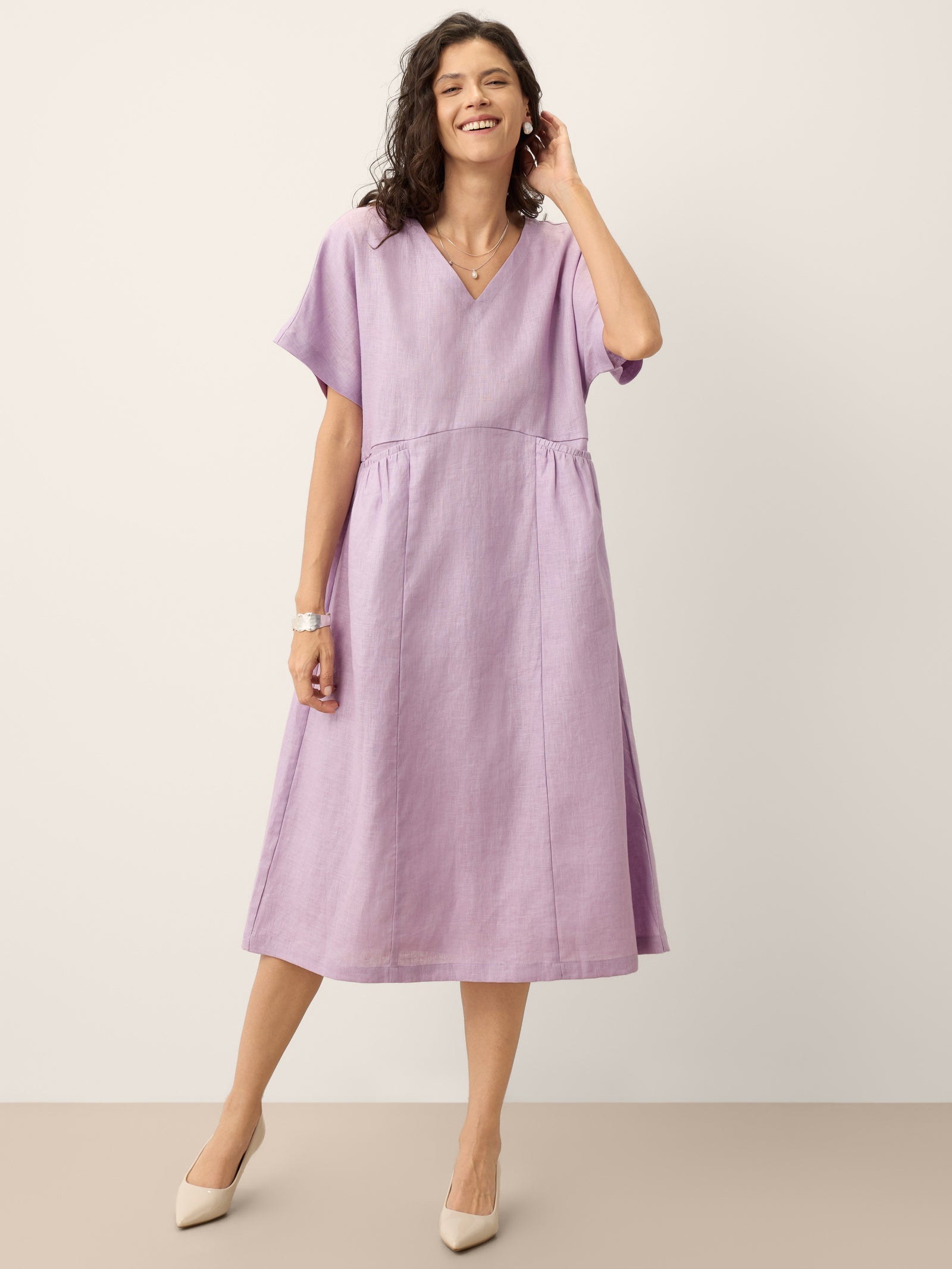 LINTICO 100% Linen Sculpted Waist Batwing Midi Dress TIVIA — color detail