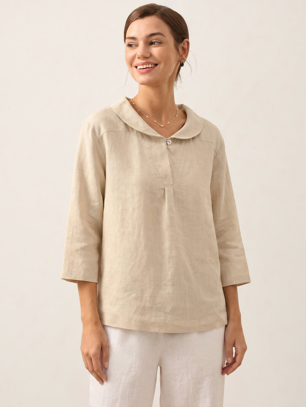 100% Linen Stripe Shawl V-Neck Half Sleeve Top JADE