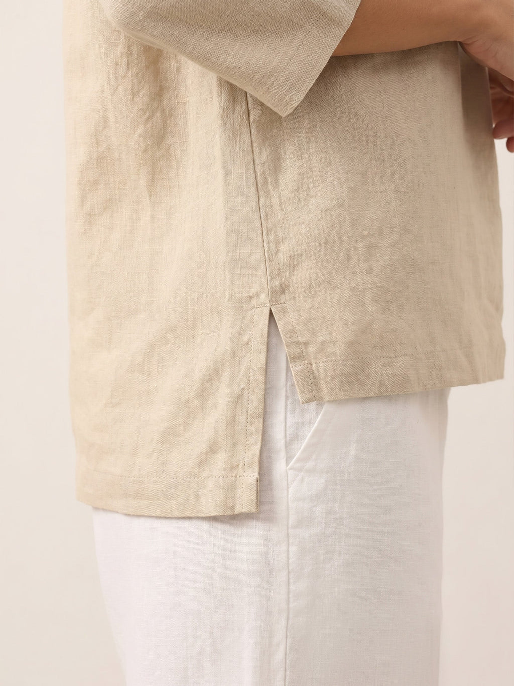 100% Linen Stripe Shawl V-Neck Half Sleeve Top JADE