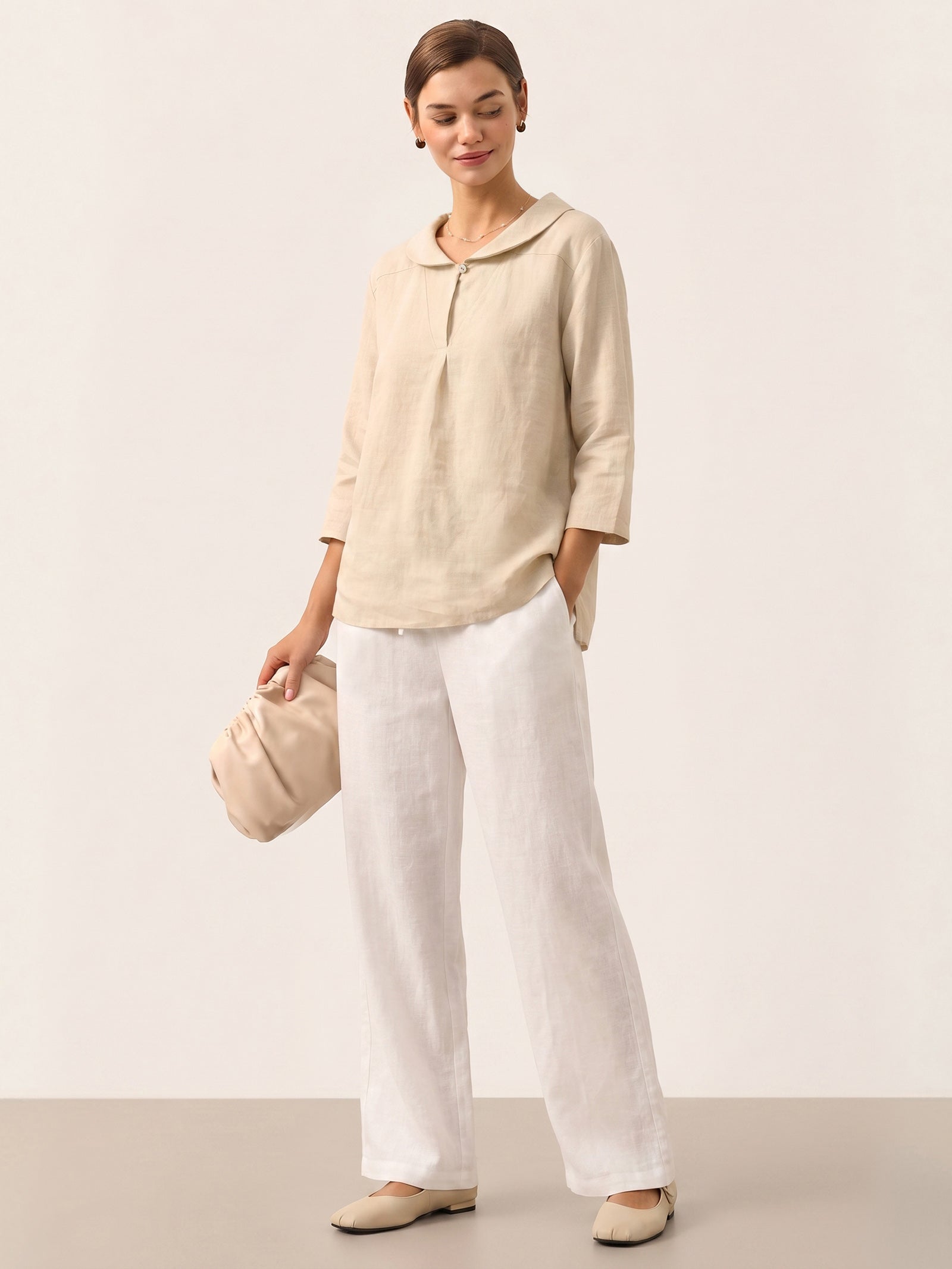 100% Linen Stripe Shawl V-Neck Half Sleeve Top JADE