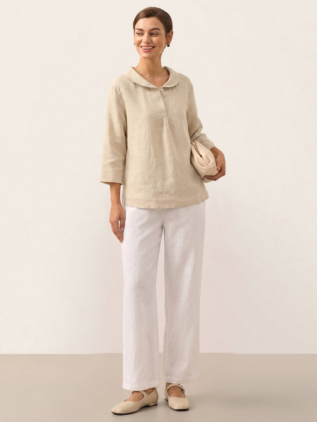 100% Linen Stripe Shawl V-Neck Half Sleeve Top JADE