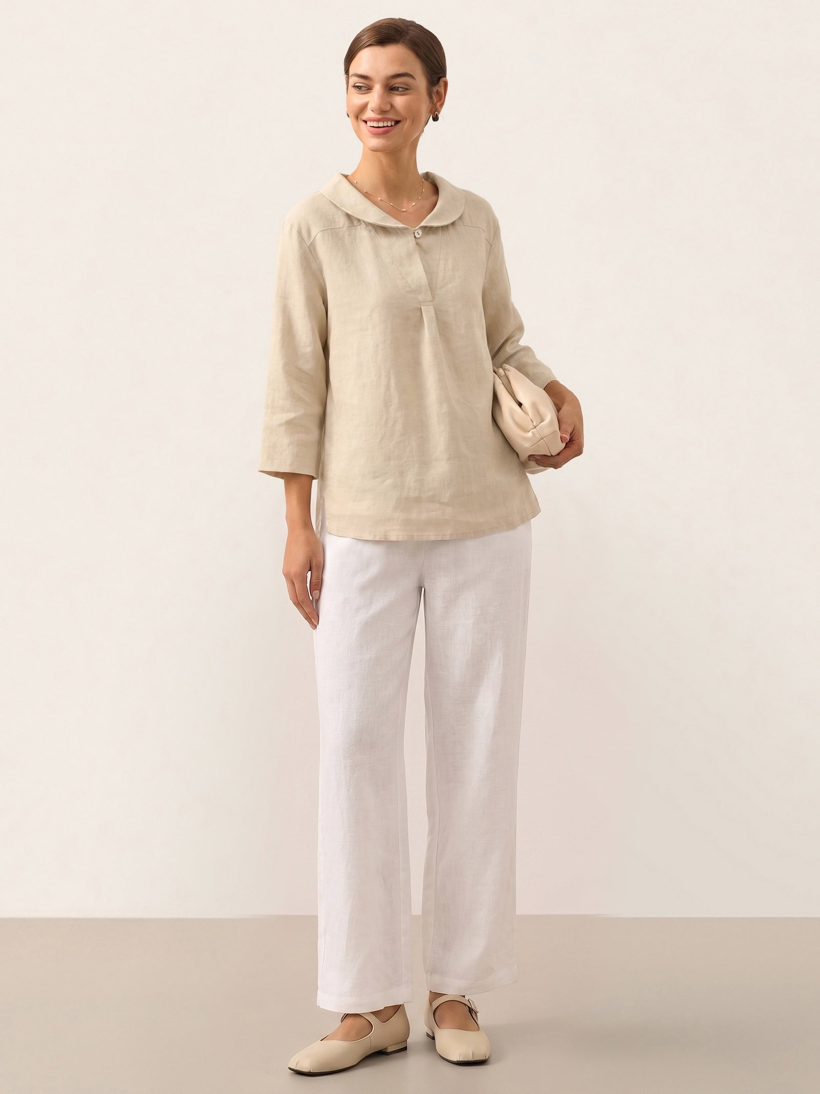 100% Linen Stripe Shawl V-Neck Half Sleeve Top JADE