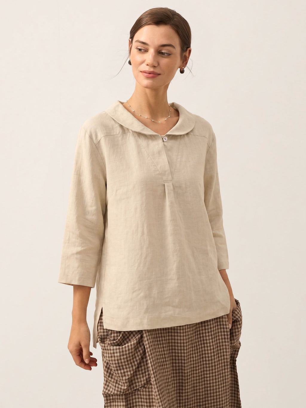 100% Linen Shawl V-Neck Half Sleeve Top JADE