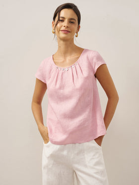 100% Linen Shell Button Pleated Crew Neck Top RENA
