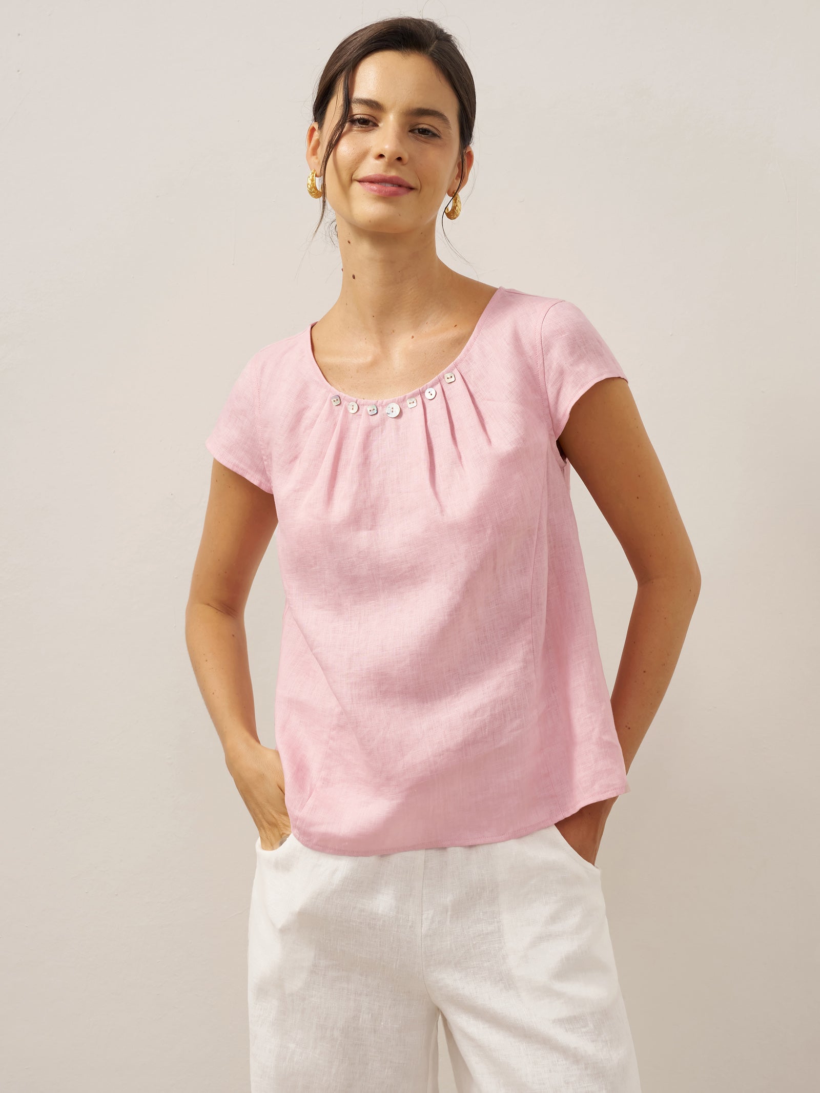 LINTICO 100% Linen Shell Button Pleated Crew Neck Top RENA — main product shot