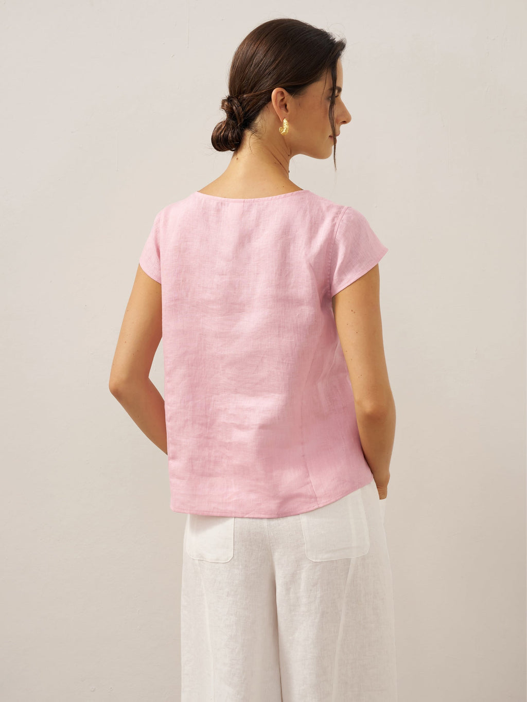 LINTICO 100% Linen Shell Button Pleated Crew Neck Top RENA — construction detail
