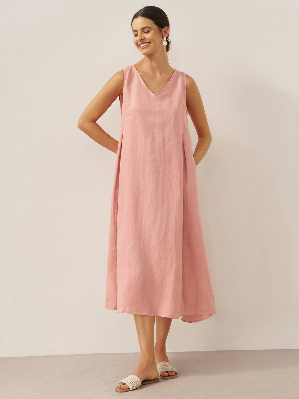 LINTICO 100% Linen Sleeveless A-Line Maxi Dress TARA — flat-lay composition