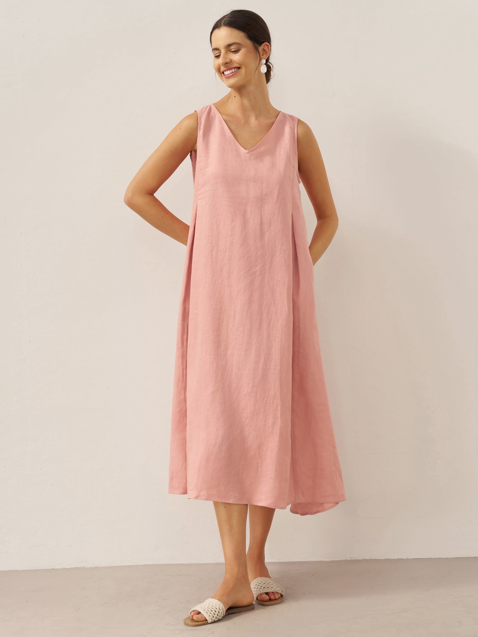 LINTICO 100% Linen Sleeveless A-Line Maxi Dress TARA — flat-lay composition