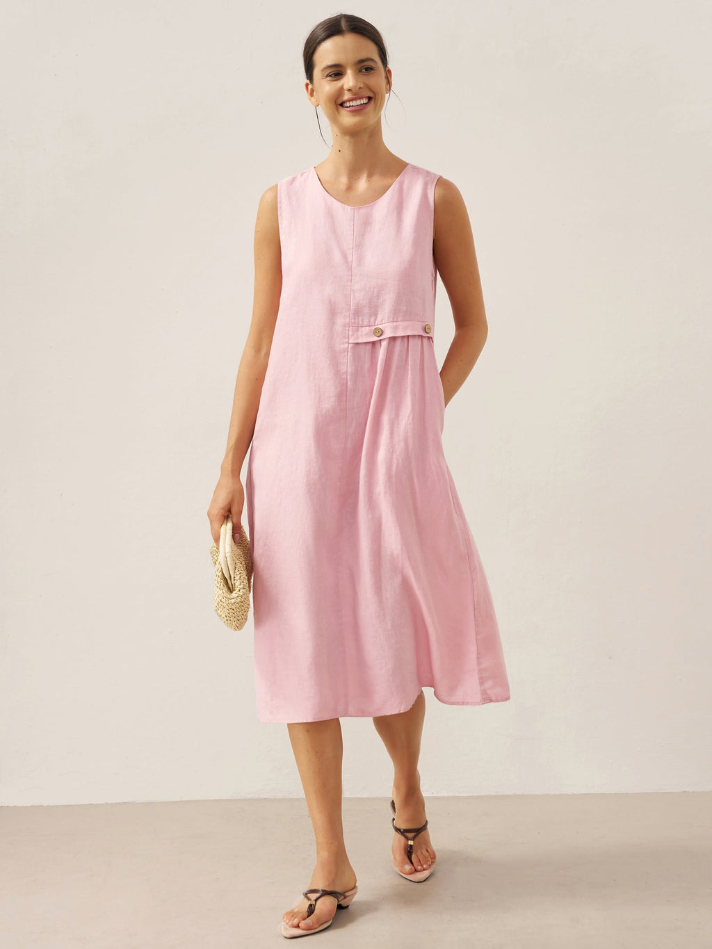 LINTICO 100% Linen Sleeveless Accordion Pleat Midi Dress TINA — detail shot 8