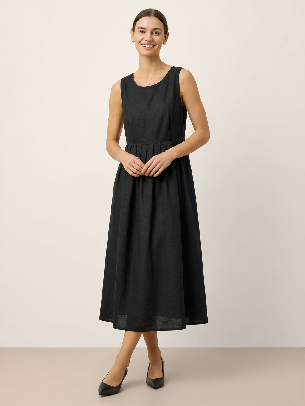 LINTICO 100% Linen Sleeveless Crew Neck Waist Pleated Maxi Dress SELENE — flat-lay composition