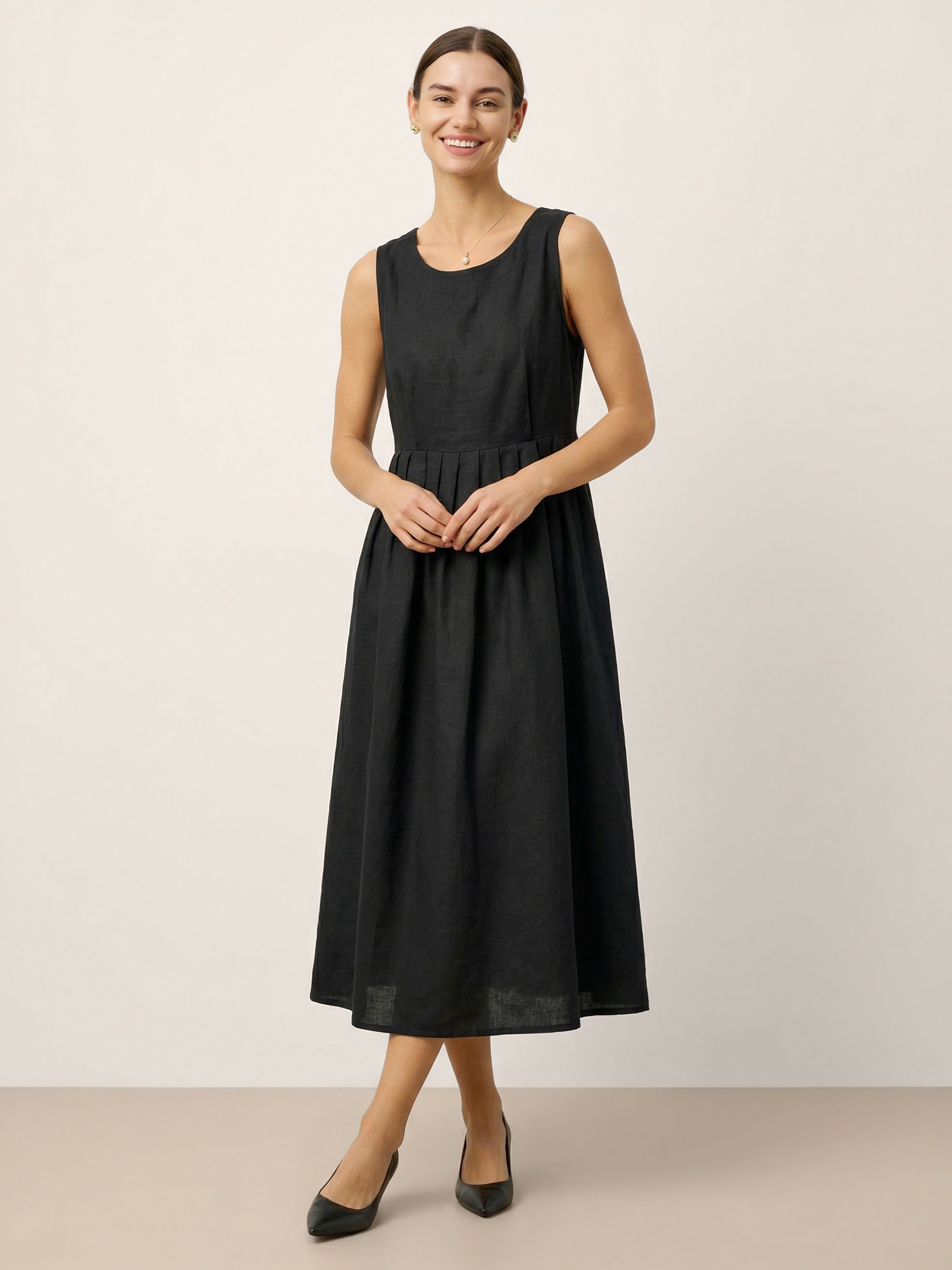 LINTICO 100% Linen Sleeveless Crew Neck Waist Pleated Maxi Dress SELENE — flat-lay composition