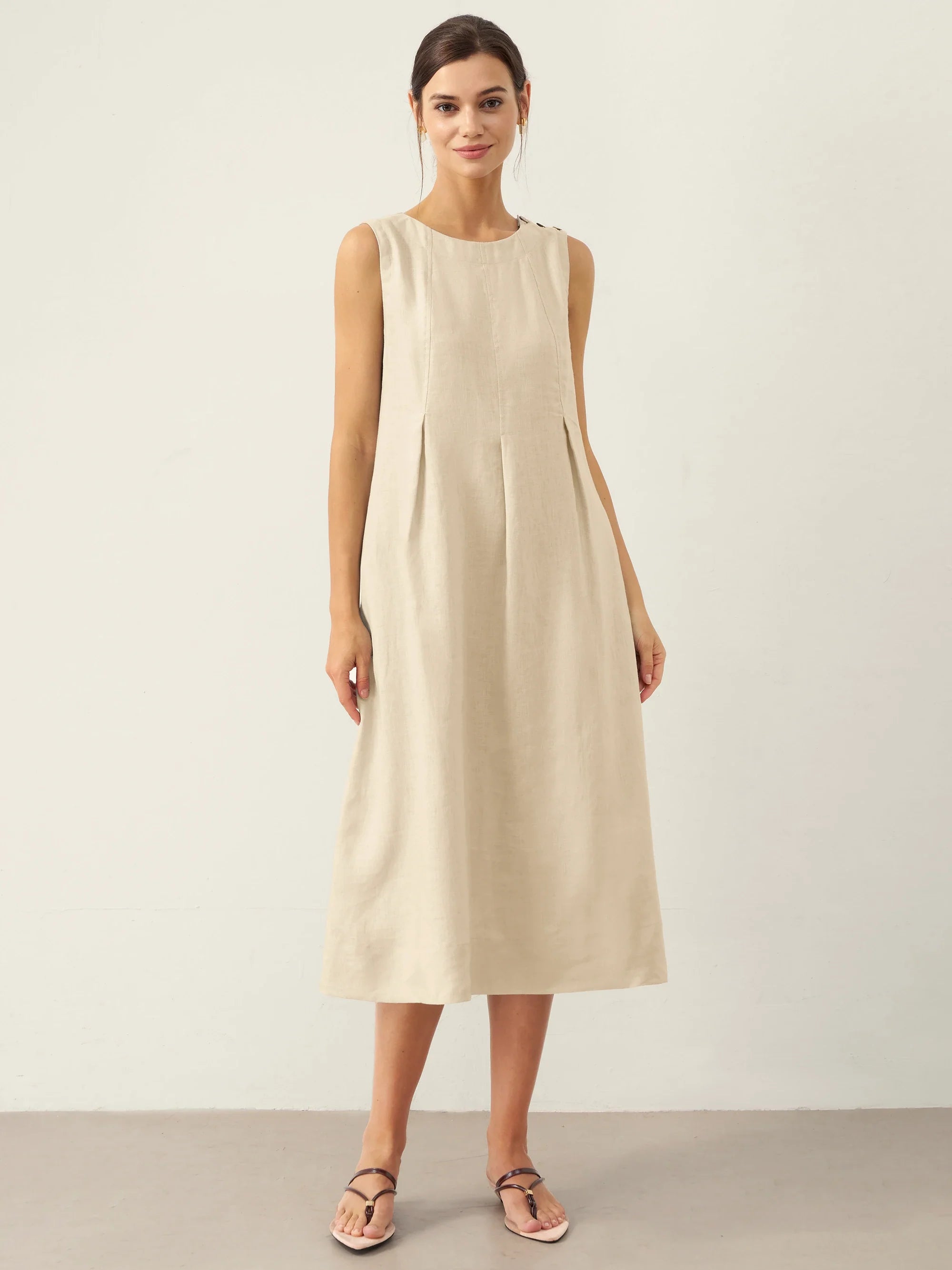 LINTICO 100% Linen Sleeveless Shoulder Button Midi Dress FREYA — main product shot