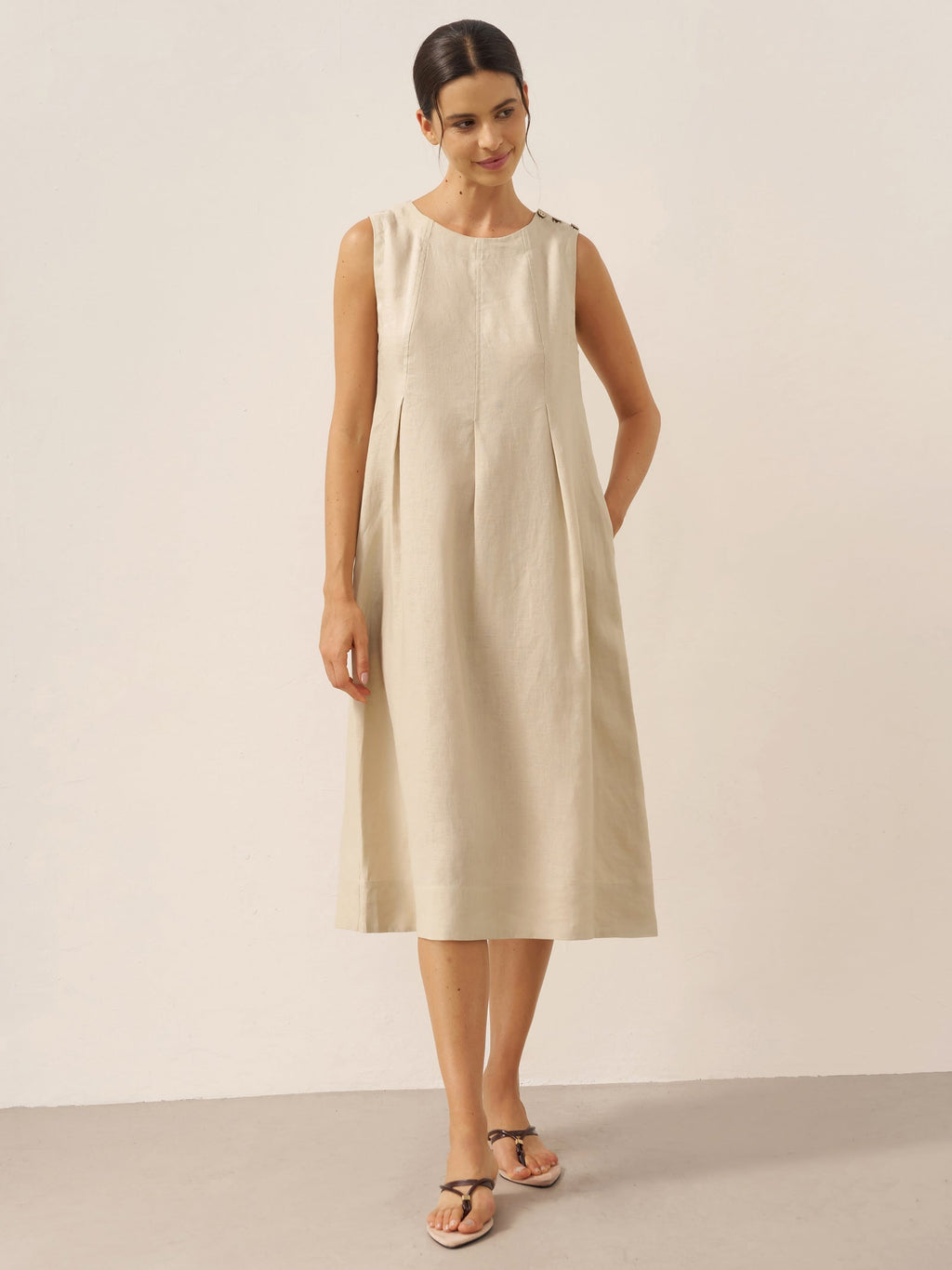 LINTICO 100% Linen Sleeveless Shoulder Button Midi Dress FREYA — lifestyle worn / used context