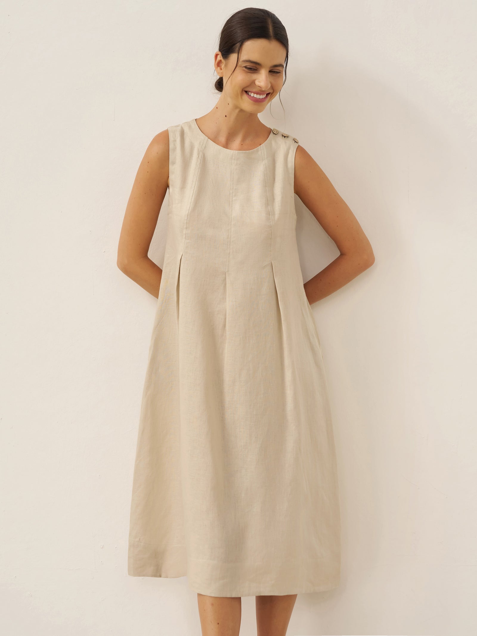 LINTICO 100% Linen Sleeveless Shoulder Button Midi Dress FREYA — back view