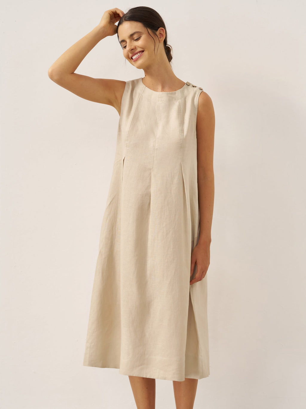 LINTICO 100% Linen Sleeveless Shoulder Button Midi Dress FREYA — alternative angle