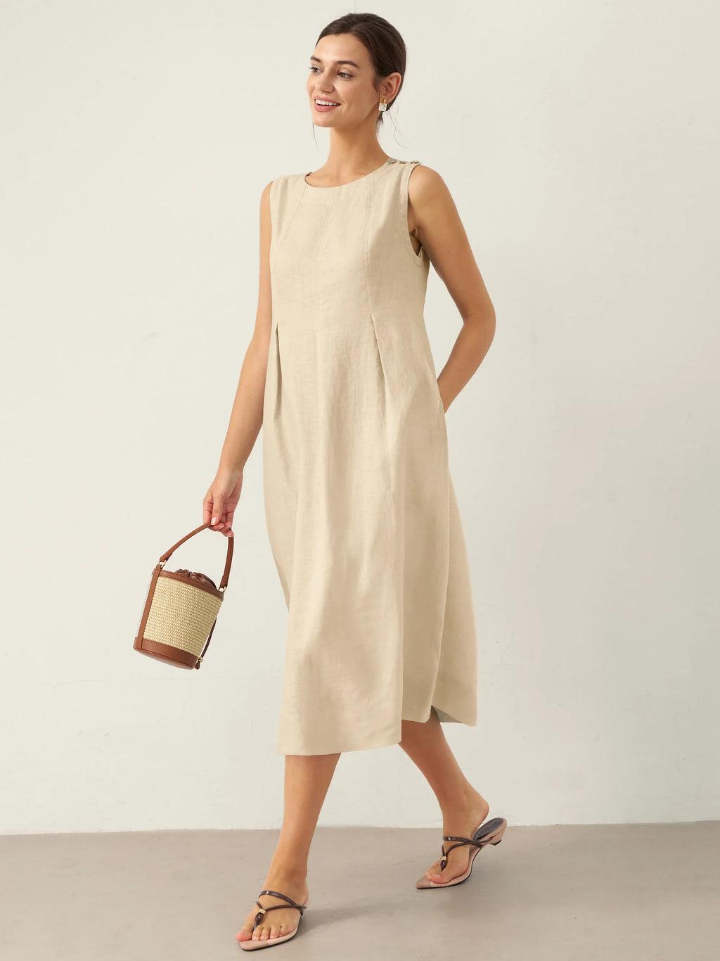 LINTICO 100% Linen Sleeveless Shoulder Button Midi Dress FREYA — detail shot 6