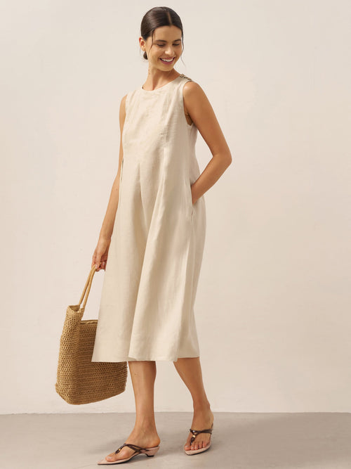 LINTICO 100% Linen Sleeveless Shoulder Button Midi Dress FREYA — main product shot