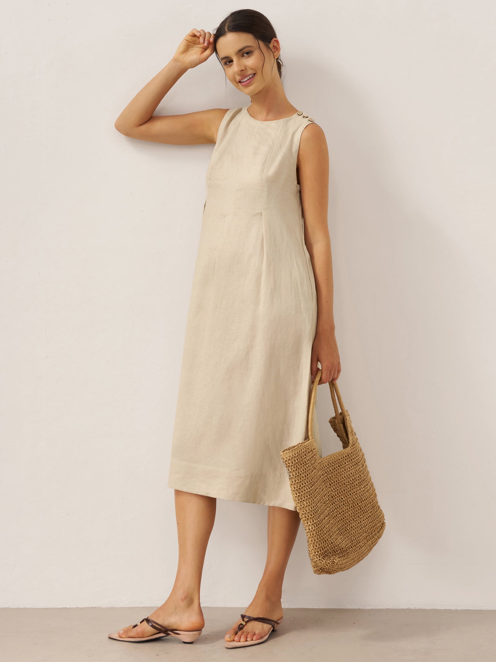 LINTICO 100% Linen Sleeveless Shoulder Button Midi Dress FREYA — detail shot 9
