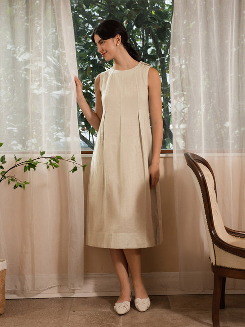 LINTICO 100% Linen Sleeveless Shoulder Button Midi Dress FREYA — construction detail