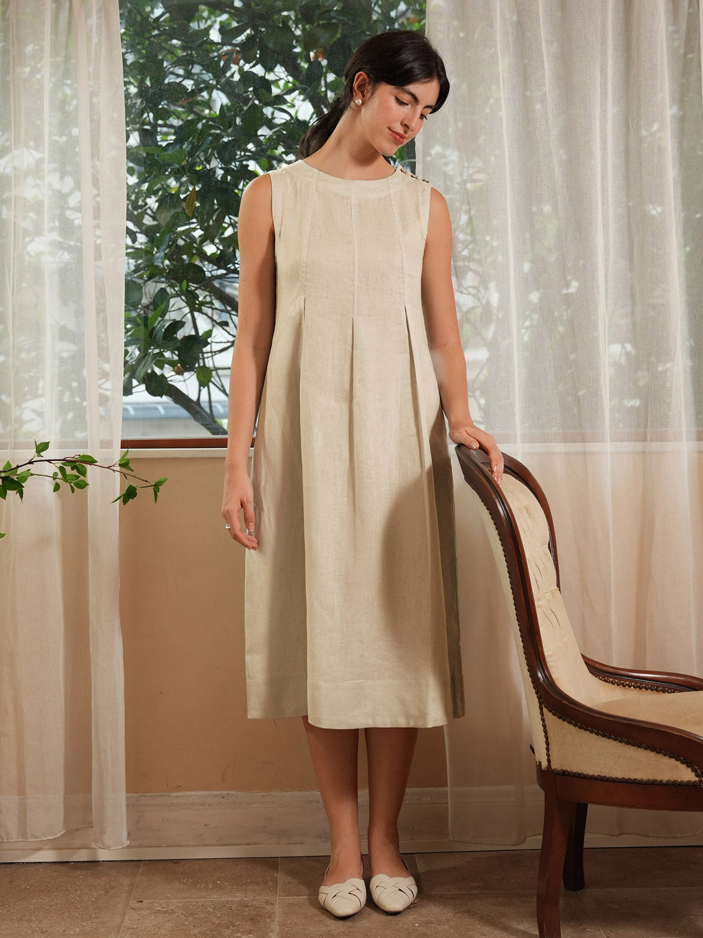LINTICO 100% Linen Sleeveless Shoulder Button Midi Dress FREYA — dresses-midi dresses-linen category context