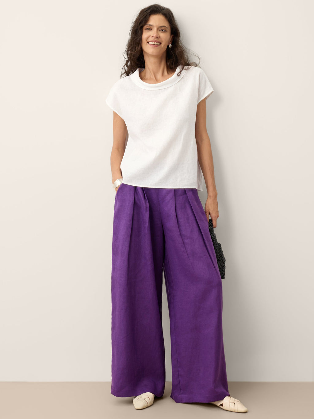 LINTICO 100% Linen Soft-Fold Collar Shell Button Top SABINE — color detail