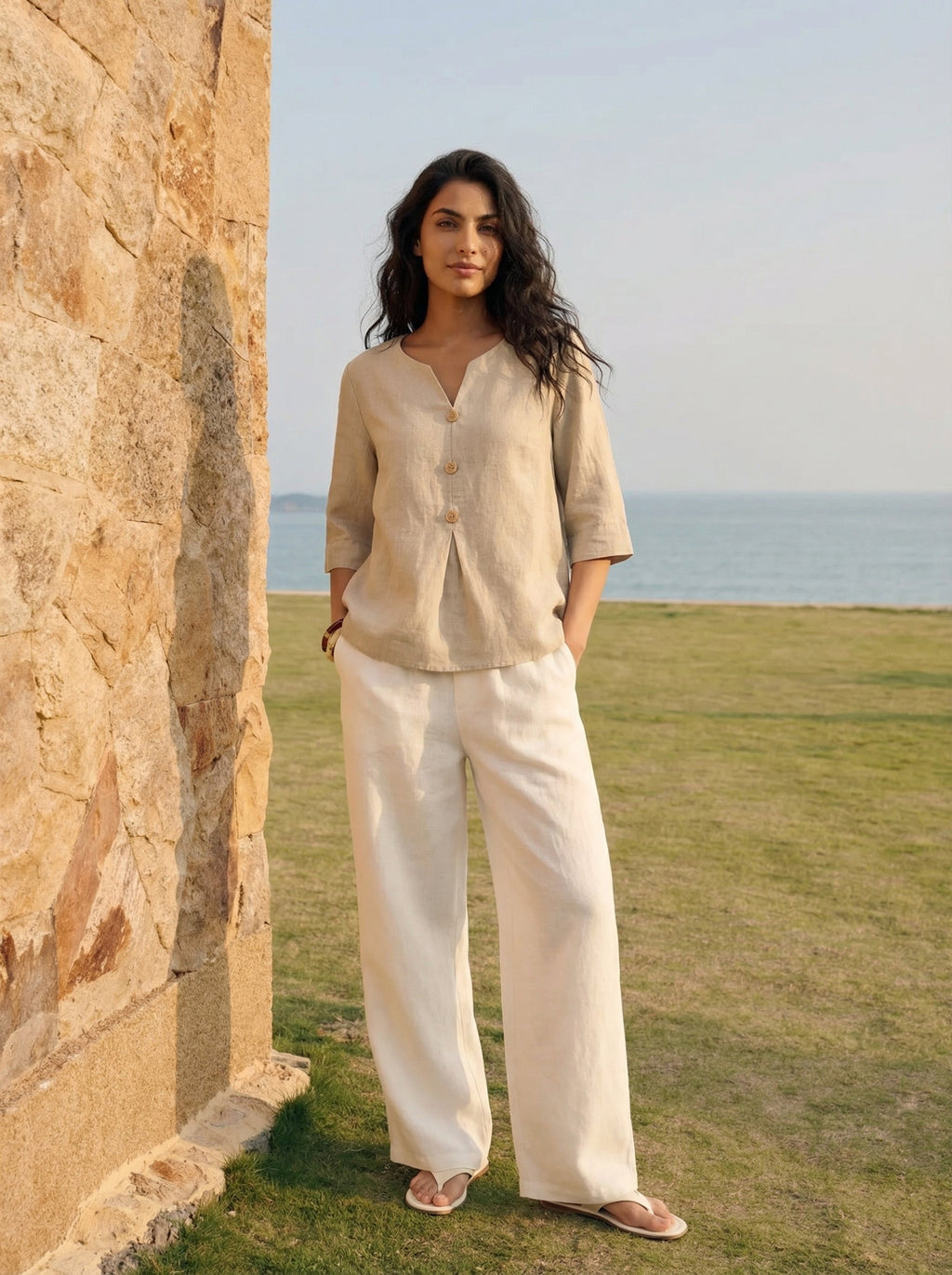 LINTICO 100% Linen Split Neck Inverted Pleat Top TABITHA — comparison shot