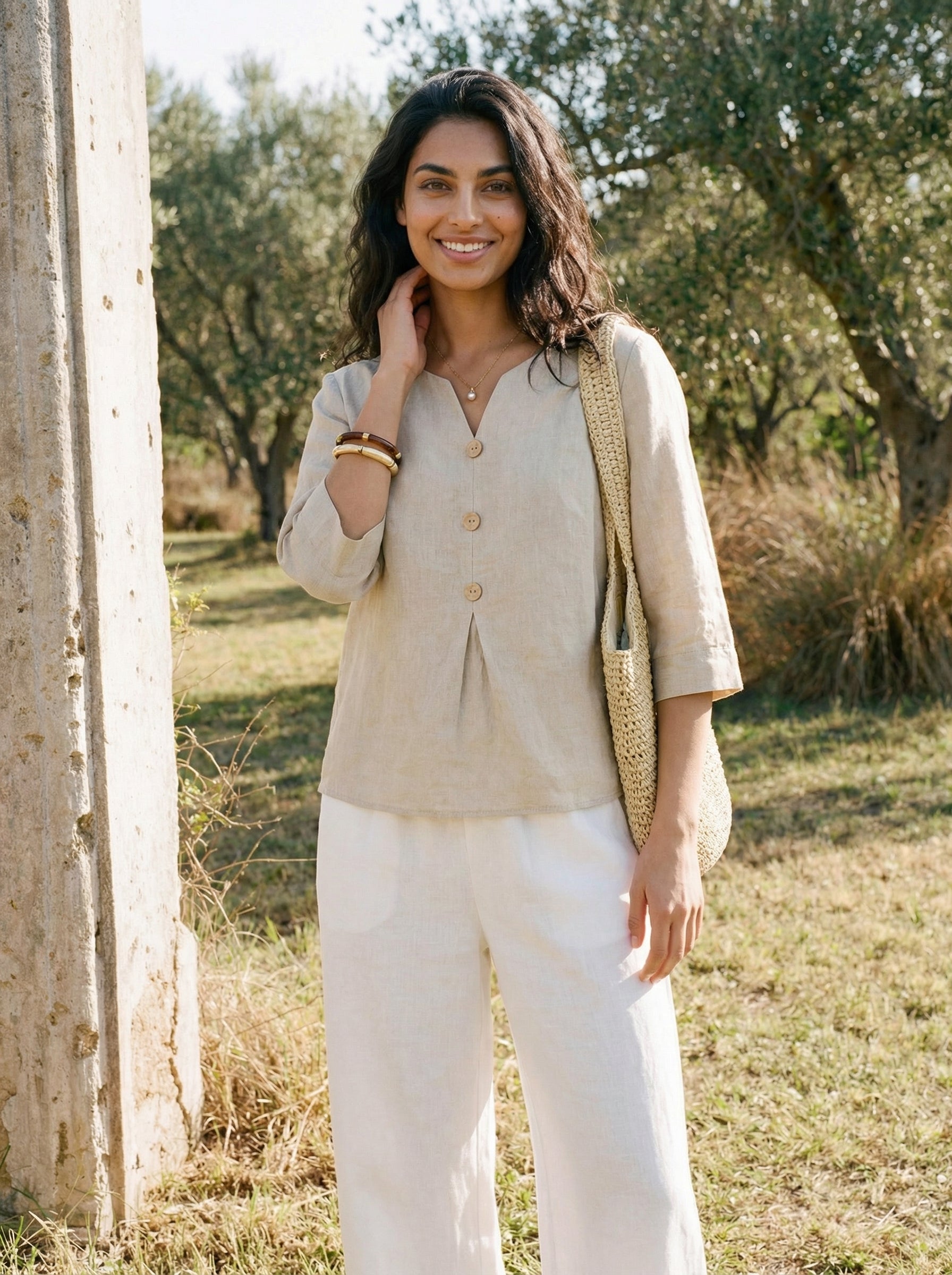 LINTICO 100% Linen Split Neck Inverted Pleat Top TABITHA — detail shot 10