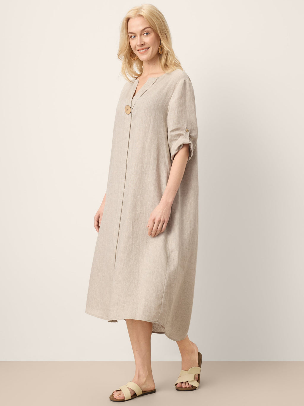 100% Linen Stand Collar V-Slit Tab Sleeve Maxi Dress LEORA