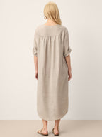100% Linen Stand Collar V-Slit Tab Sleeve Maxi Dress LEORA