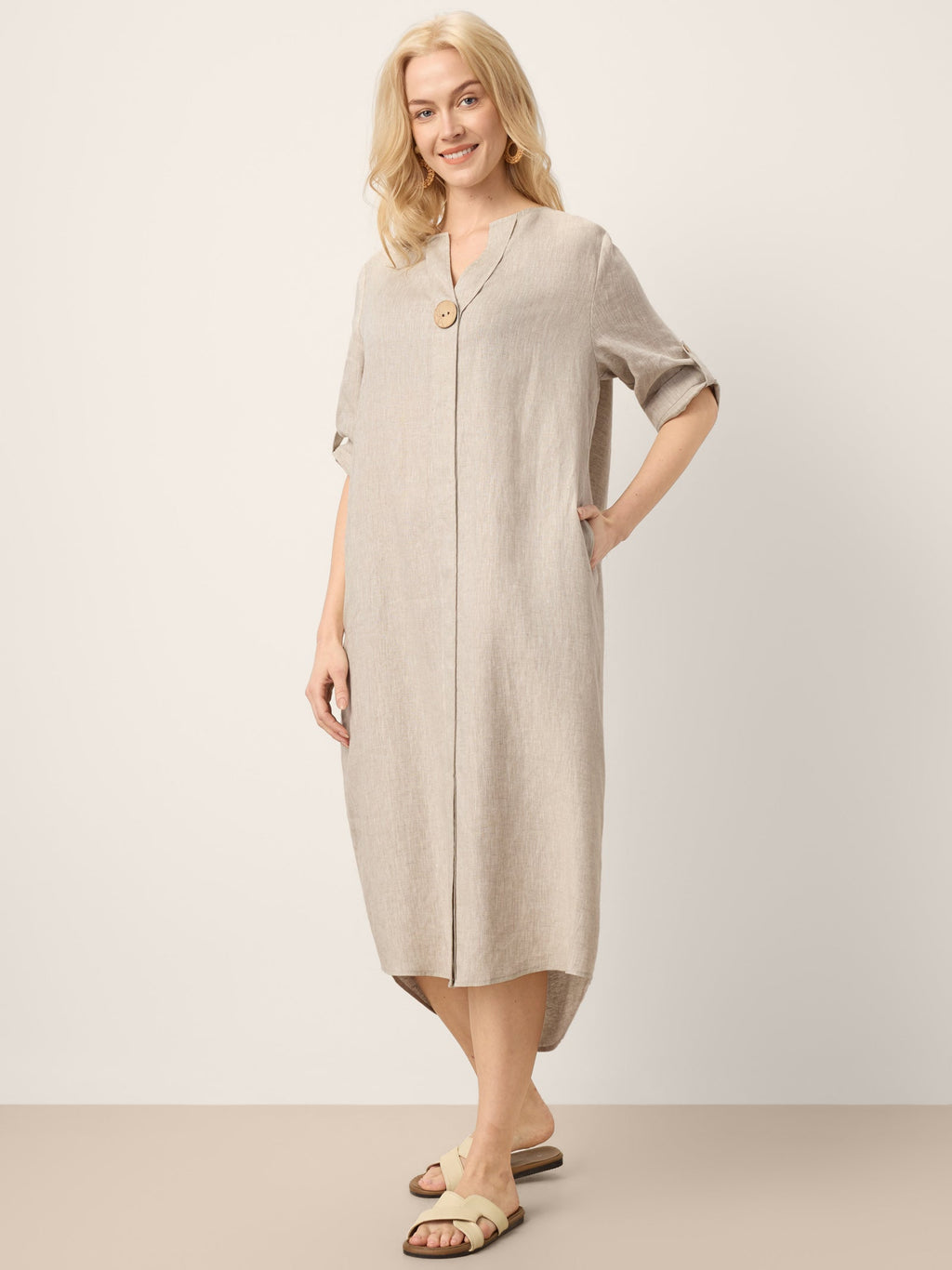 100% Linen Stand Collar V-Slit Tab Sleeve Maxi Dress LEORA