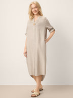 100% Linen Stand Collar V-Slit Tab Sleeve Maxi Dress LEORA