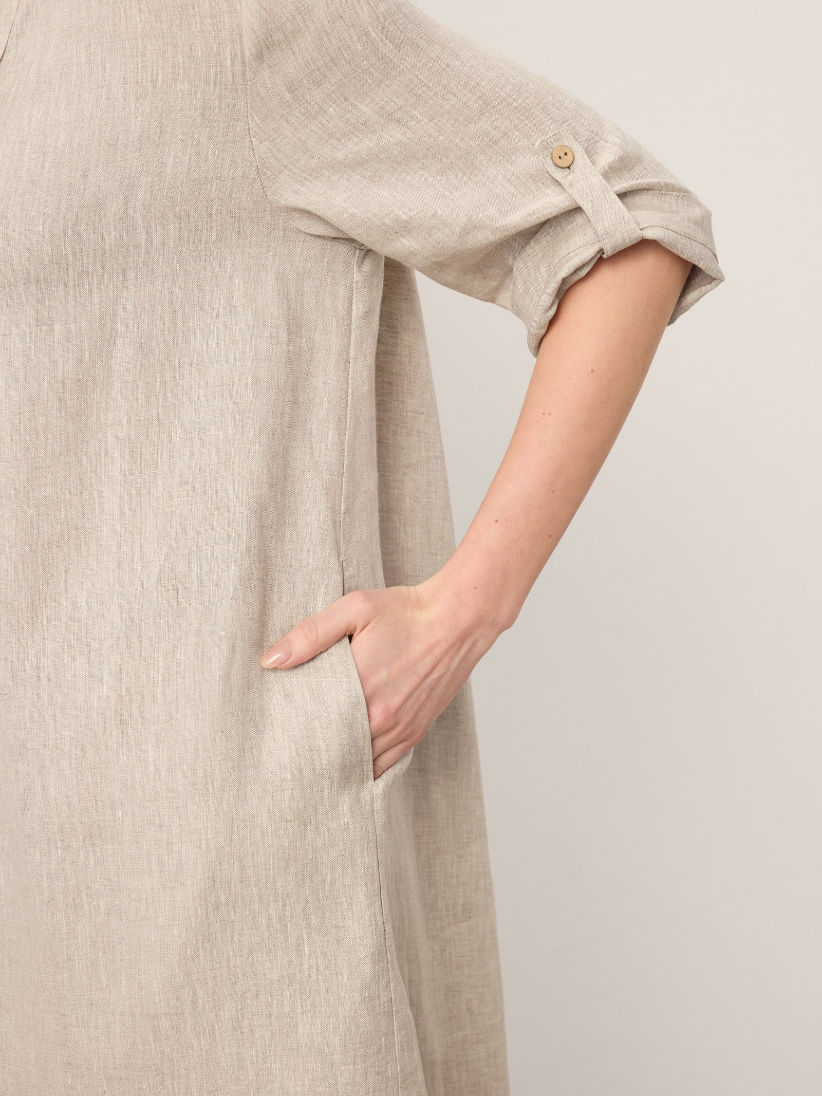 100% Linen Stand Collar V-Slit Tab Sleeve Maxi Dress LEORA