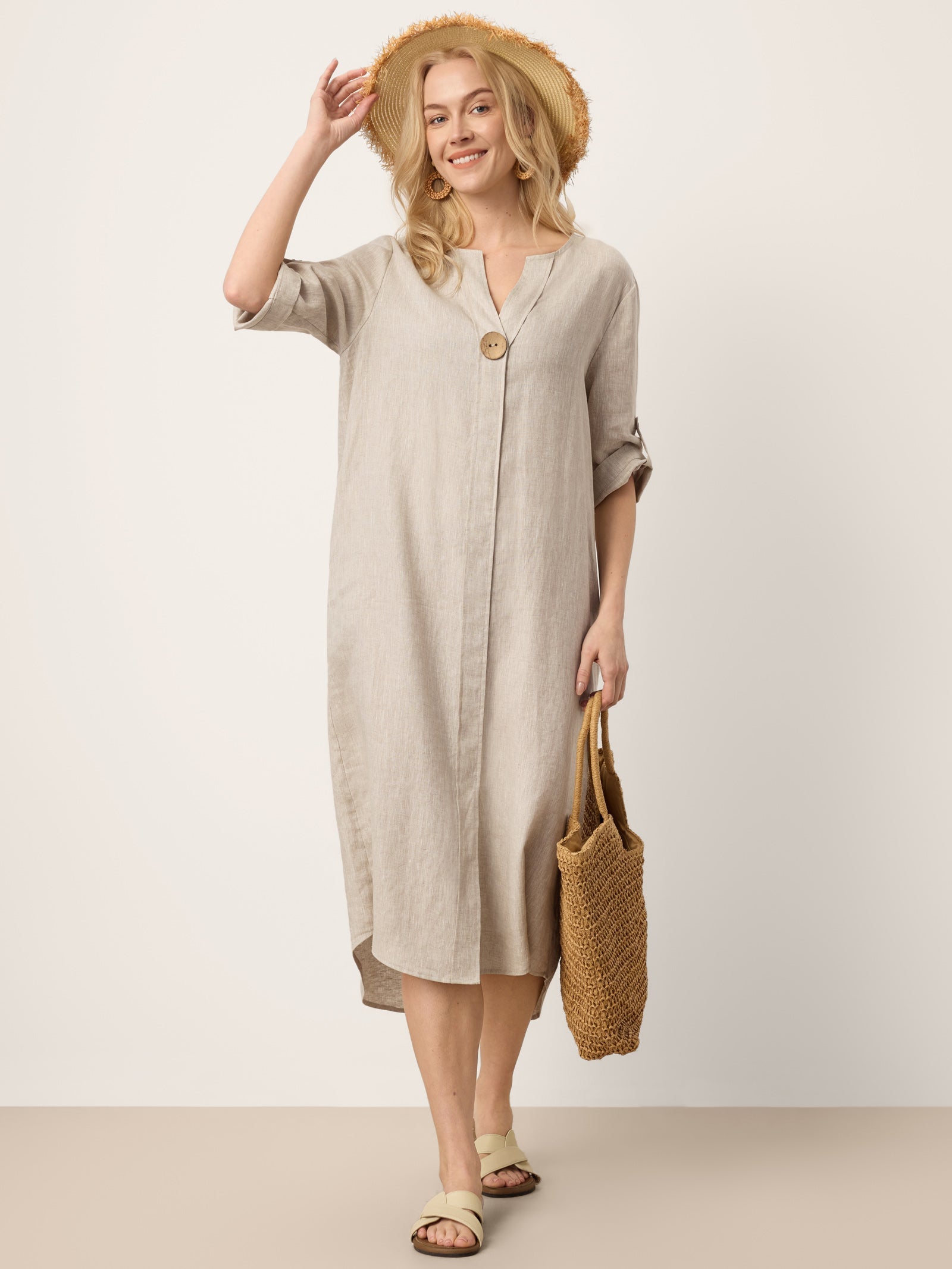 100% Linen Stand Collar V-Slit Tab Sleeve Maxi Dress LEORA