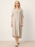 100% Linen Stand Collar V-Slit Tab Sleeve Maxi Dress LEORA