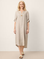 100% Linen Stand Collar V-Slit Tab Sleeve Maxi Dress LEORA