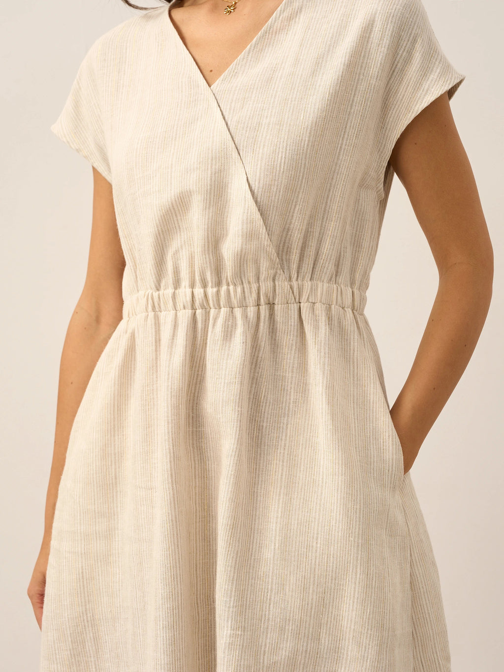 LINTICO 100% Linen Striped Elastic-Waist Midi Dress ARIA — flat-lay composition