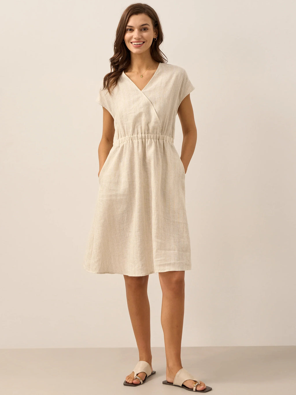 LINTICO 100% Linen Striped Elastic-Waist Midi Dress ARIA — feature highlight