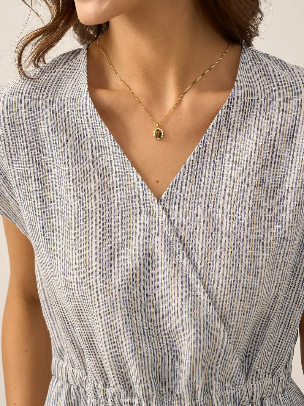LINTICO 100% Linen Striped Elastic-Waist Midi Dress ARIA — detail shot 10