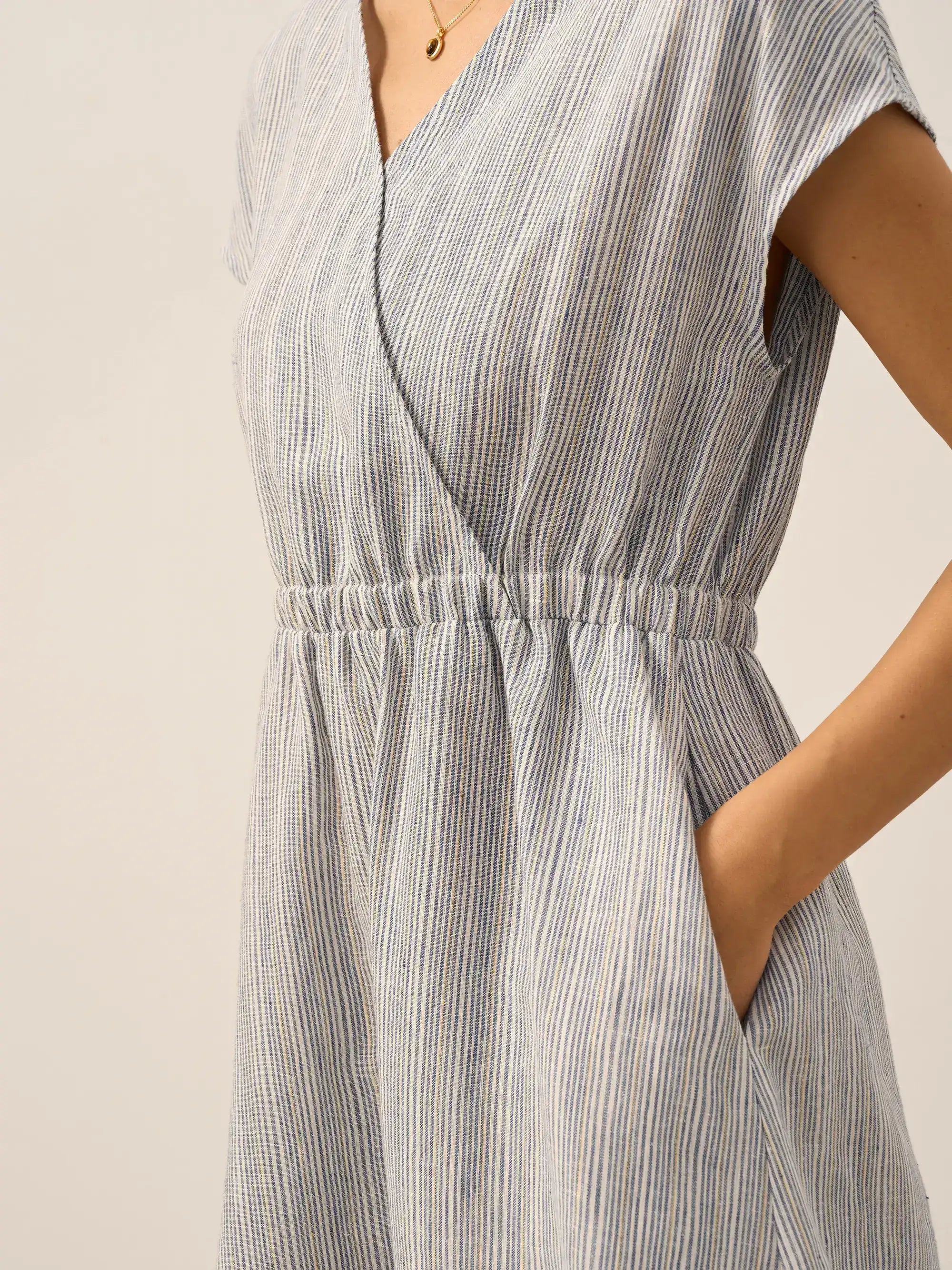 LINTICO 100% Linen Striped Elastic-Waist Midi Dress ARIA — side view